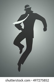 Elegant silhouette man wearing hat dancing and jumping. Hipster & fashionable