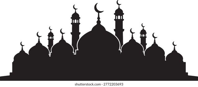 Elegant silhouette of a mosque featuring multiple domes and towering minarets, adorned with crescent moons. this vector art captures architectural beauty and spiritual essence of islamic worship.