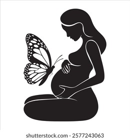 Elegant silhouette of a pregnant woman with flowing hair and dress, gazing at a butterfly. A beautiful representation of motherhood, maternity, and feminine grace in an artistic design.