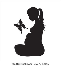 Elegant silhouette of a pregnant woman with flowing hair and dress, gazing at a butterfly. A beautiful representation of motherhood, maternity, and feminine grace in an artistic design.