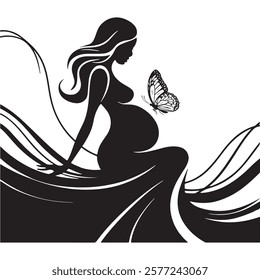 Elegant silhouette of a pregnant woman with flowing hair and dress, gazing at a butterfly. A beautiful representation of motherhood, maternity, and feminine grace in an artistic design.