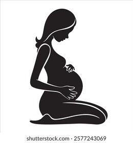 Elegant silhouette of a pregnant woman with flowing hair and dress, gazing at a butterfly. A beautiful representation of motherhood, maternity, and feminine grace in an artistic design.