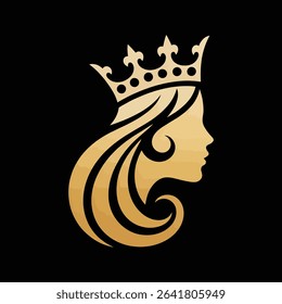 Elegant silhouette of a queen with a crown in golden colors against a black background