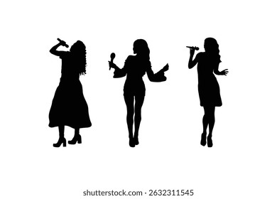Elegante Silhueta Conjunto de Cantoras Femininas Segurando Microfones Representando Mulheres Bonitas Performando no Palco Isolado no Fundo Branco para Música e Entretenimento Designs