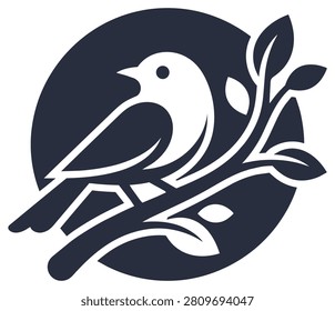 Elegant silhouette of small bird perched on leafy tree branch set against solid dark circular backdrop perfect for nature themed graphics and organic design arts.