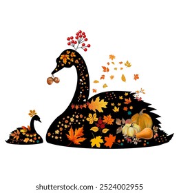 Elegant silhouette of a swan family, composed of golden autumn leaves. Ideal for creating a cozy and inviting atmosphere in your designs.