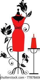 Elegant silhouette tailors dummy with a bag. Delicate flowers for background. Beautiful silhouette for stylish and luxurious designs for vintage style. Isabelle series