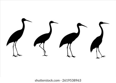 , elegant silhouette of a tall bird resembling a heron or crane. The bird should have a long, curved neck, 
