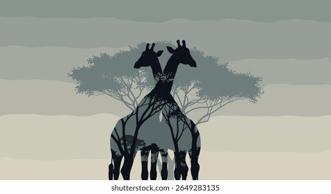 Elegant Silhouette of Two Giraffes Intertwined Beneath a Majestic African Acacia Tree