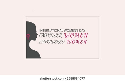 Elegant silhouette of a woman with a gender symbol earring, accompanied by an inspirational Women's Day message. Stylish typography in black and pink on a neutral background