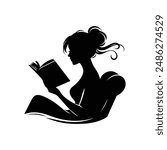 Elegant Silhouette of Woman Reading Book - Black and White Vector Illustration for Education, Literature, and Relaxation Concepts