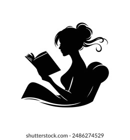 Elegant Silhouette of Woman Reading Book - Black and White Vector Illustration for Education, Literature, and Relaxation Concepts