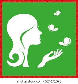 Elegant silhouette of a woman surrounded by butterflies icon vector EPS 10, abstract sign logo  flat design,  illustration modern isolated badge for website or app - stock info graphics