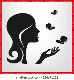 Elegant silhouette of a woman surrounded by butterflies icon vector EPS 10, abstract sign logo  flat design,  illustration modern isolated badge for website or app - stock info graphics