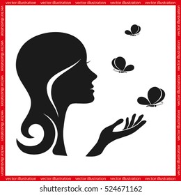 Elegant silhouette of a woman surrounded by butterflies icon vector EPS 10, abstract sign logo  flat design,  illustration modern isolated badge for website or app - stock info graphics