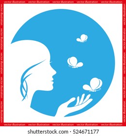 Elegant silhouette of a woman surrounded by butterflies icon vector EPS 10, abstract sign logo  flat design,  illustration modern isolated badge for website or app - stock info graphics