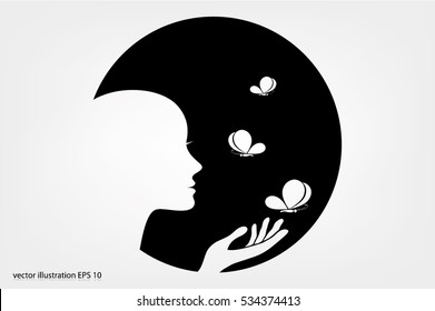 Elegant silhouette of a woman surrounded by butterflies icon vector EPS 10, abstract sign logo  flat design,  illustration modern isolated badge for website or app - stock info graphics.