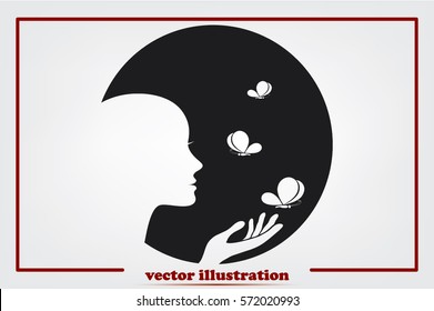 Elegant silhouette of a woman surrounded by butterflies icon vector EPS 10, abstract sign logo  flat design,  illustration modern isolated badge for website or app.