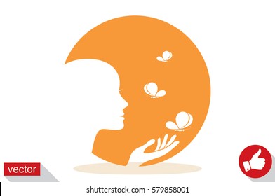 Elegant silhouette of a woman surrounded by butterflies icon vector EPS 10, abstract sign logo  flat design,  illustration modern isolated badge for website or app - stock info graphics
