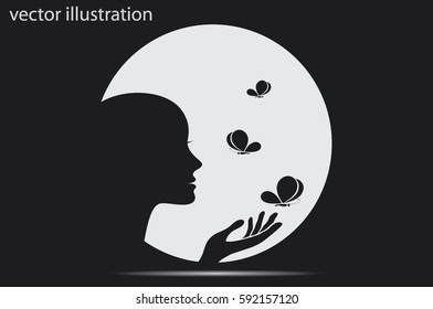 Elegant silhouette of a woman surrounded by butterflies icon vector EPS 10, abstract sign logo  flat design,  illustration modern isolated badge for website or app - stock info graphics.