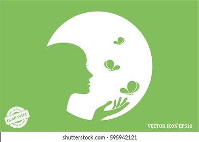 Elegant silhouette of a woman surrounded by butterflies icon vector EPS 10, abstract sign logo  flat design,  illustration modern isolated badge for website or app - stock info graphics