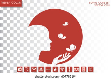 Elegant silhouette of a woman surrounded by butterflies icon vector EPS 10, abstract sign logo  flat design,  illustration modern isolated badge for website or app - stock info graphics