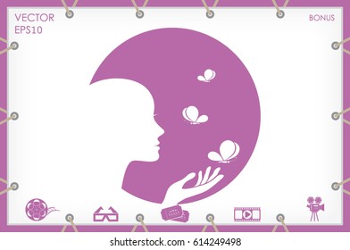 Elegant silhouette of a woman surrounded by butterflies icon vector EPS 10, abstract sign logo  flat design,  illustration modern isolated badge for website or app - stock info graphics