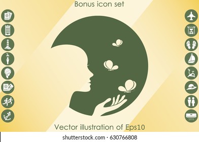 Elegant silhouette of a woman surrounded by butterflies icon vector EPS 10, abstract sign logo  flat design,  illustration modern isolated badge for website or app - stock info graphics - Shutterstock ID 630766808
