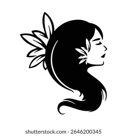 Silhueta elegante do perfil de uma mulher com cabelo longo, fluente adornado com folhas, simbolizando a natureza, beleza e tranquilidade.