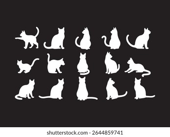 Silhuetas elegantes de gatos mostram o charme felino e movimento contra um fundo preto.