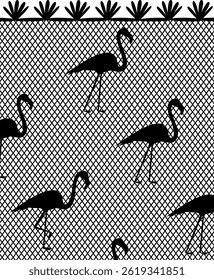 Elegant silhouettes of flamingos are positioned on a geometric net background.  A repeating motif of birds graces a patterned textile. Cartoon vector illustration