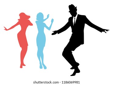 Elegant silhouettes of people wearing clothes of the sixties dancing 60s style isolated on white background