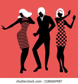 Elegant silhouettes of people wearing clothes of the sixties dancing 60s style on red background