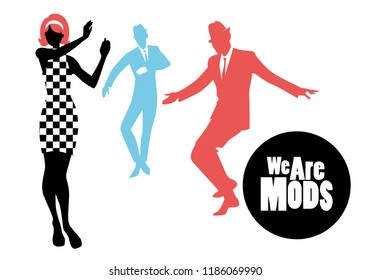 Elegant silhouettes of people wearing clothes of the sixties dancing 60s style isolated on white background