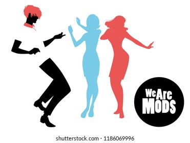 Elegant silhouettes of people wearing clothes of the sixties dancing 60s style isolated on white background