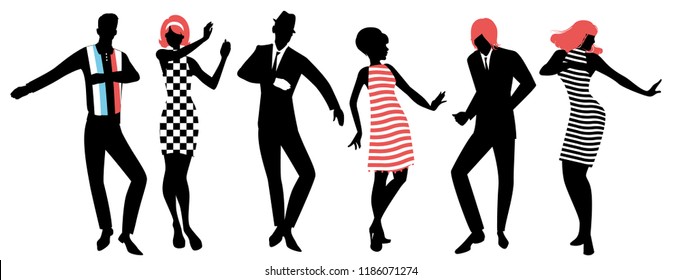 Elegant silhouettes of people wearing clothes of the sixties dancing 60s style isolated on white background