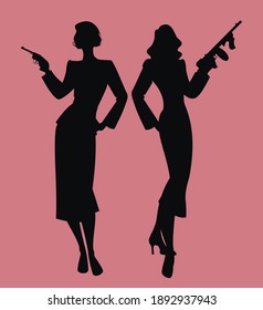 Elegant silhouettes of two ladies retro style, wearing elegant clothes and armed with submachine and gun. Classic film noir style. 