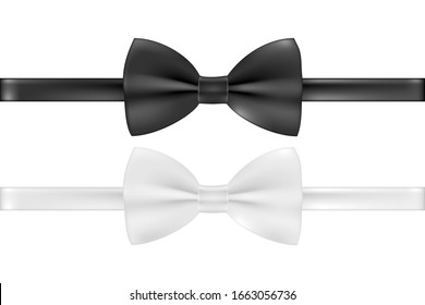 Elegant silk neck bow. Realistic black and white bow tie isolated on white. Vector illustration.