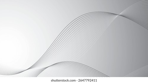 Fundo abstrato prata elegante com linhas paralelas de fluxo dinâmico que se curvam suavemente e fazem interseção criando um design harmonioso e visualmente envolvente em um fundo cinza gradiente