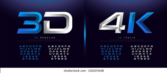 Elegant Silver And Blue 3D Metal Chrome Alphabet And Number Font. Typography technology, digital, movie logo fonts design. vector illustration