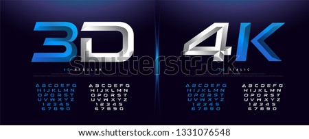 Elegant Silver And Blue 3D Metal Chrome Alphabet And Number Font. Typography technology, digital, movie logo fonts design. vector illustration