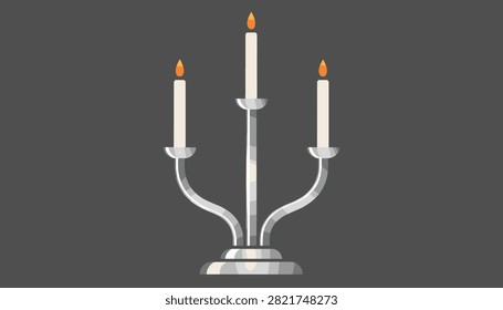 Elegant silver candelabra holding three lit white candles with glowing yellow flames against a dark background.