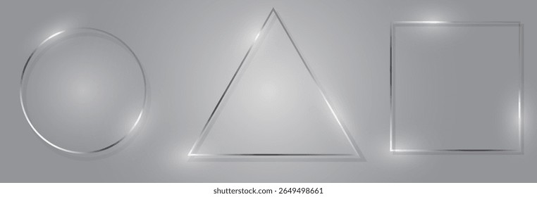 Elegant silver frames—a circle, triangle, and square—adorn a serene grey background, offering a modern, minimalist aesthetic with a touch of understated luxury and geometric gracefulness