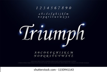 Elegante fuente de alfabeto cromado en metal plateado. Triumph Typography clásico estilo serif conjunto de fuentes. ilustración vectorial