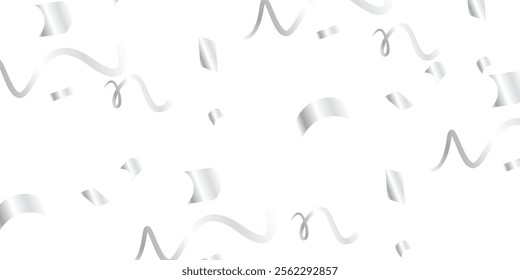 Elegant silver confetti and streamers fall gracefully in a seamless, realistic pattern over a transparent background, ideal for adding a celebratory, decorative touch to invitations, event flyers, or 