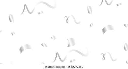 Elegant silver confetti and streamers fall gracefully in a seamless, realistic pattern over a transparent background, ideal for adding a celebratory, decorative touch to invitations, event flyers, or 