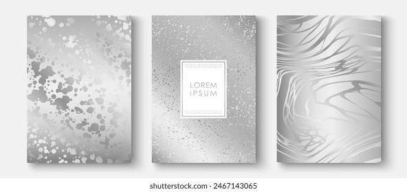 Elegant silver  covers , frame design set. Fashionable minimal abstract art pattern with paint stroke and splash on background. Luxury artistic vector for beauty catalog, fashion template.