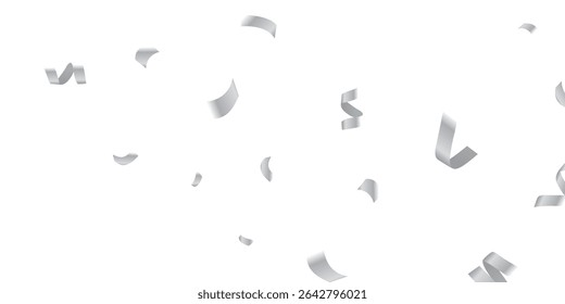Elegant Silver Dots and Streamers Falling Seamlessly on Transparent Background – Celebration Vector Design. Realistic Seamless Pattern of Floating Silver Confetti and Ribbons on Transparent Background