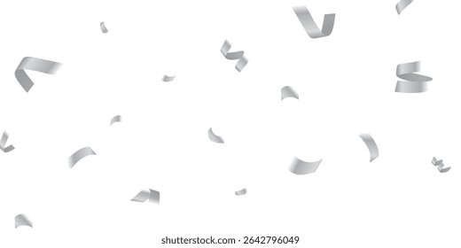 Elegant Silver Dots and Streamers Falling Seamlessly on Transparent Background – Celebration Vector Design. Realistic Seamless Pattern of Floating Silver Confetti and Ribbons on Transparent Background