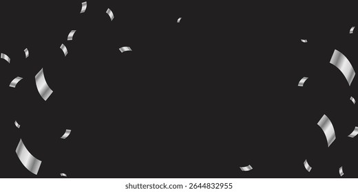 Elegant Silver Foil Confetti and Swirling Streamers Over Black Background for Glamorous Events. High-Quality Silver Glitter and Ribbon Effects in Transparent Format for Invitations and Events.